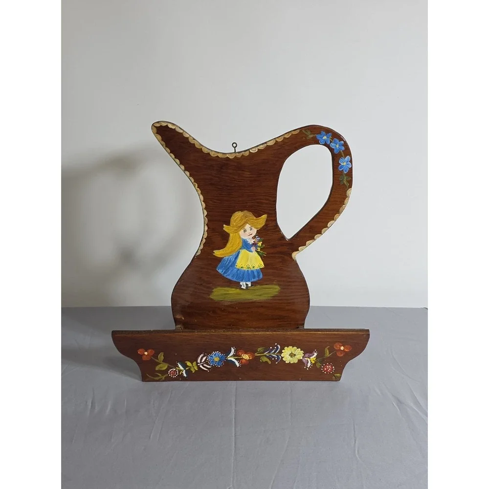 Vintage Hand Painted Wooden Wall Shelf Rack Folk Art Girl Floral Hanging Display